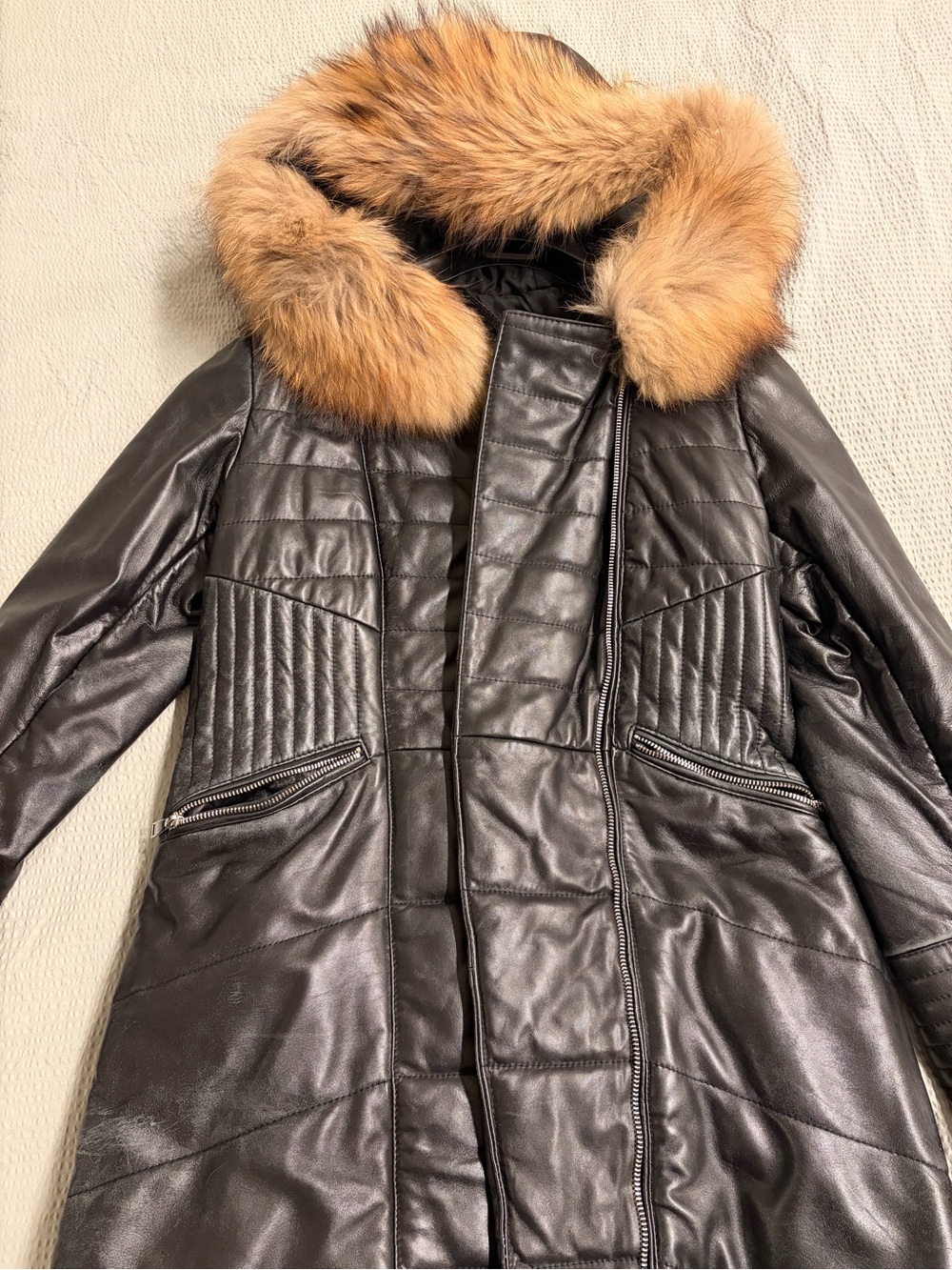 Danier Women’s Black Leather Long Coat with Tan Fur Hood